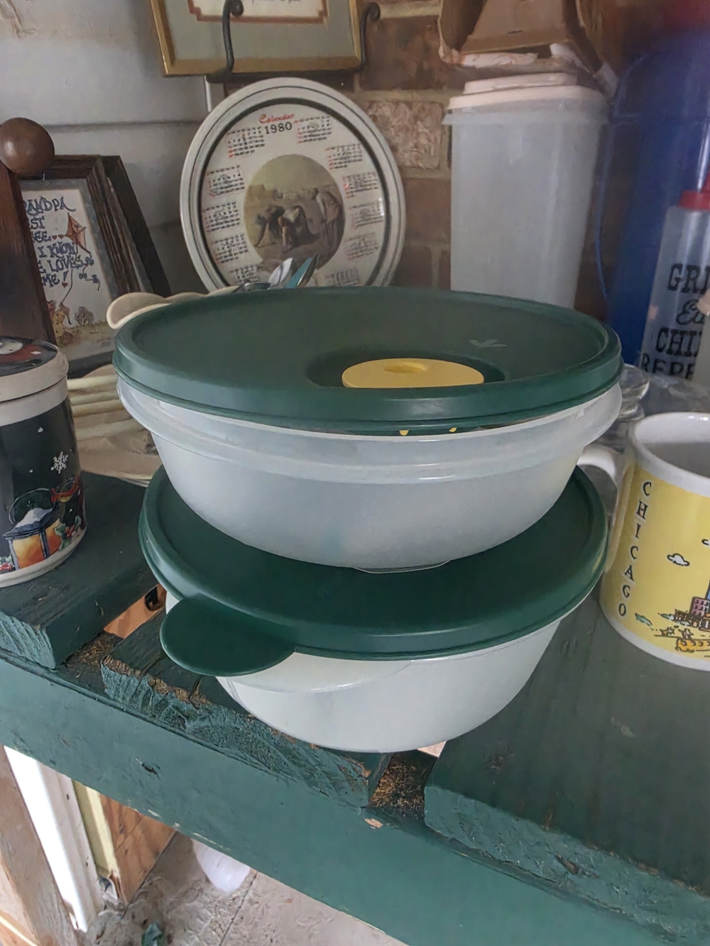 Tupperware Green Lidded Plastic Food Storage Bowls with Yellow Vent